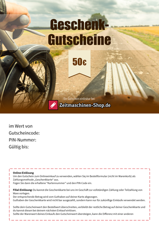 Gutschein - Zeitmaschinen-Shop.de (Geschenkkarten selbst ausdrucken) - 50 Euro